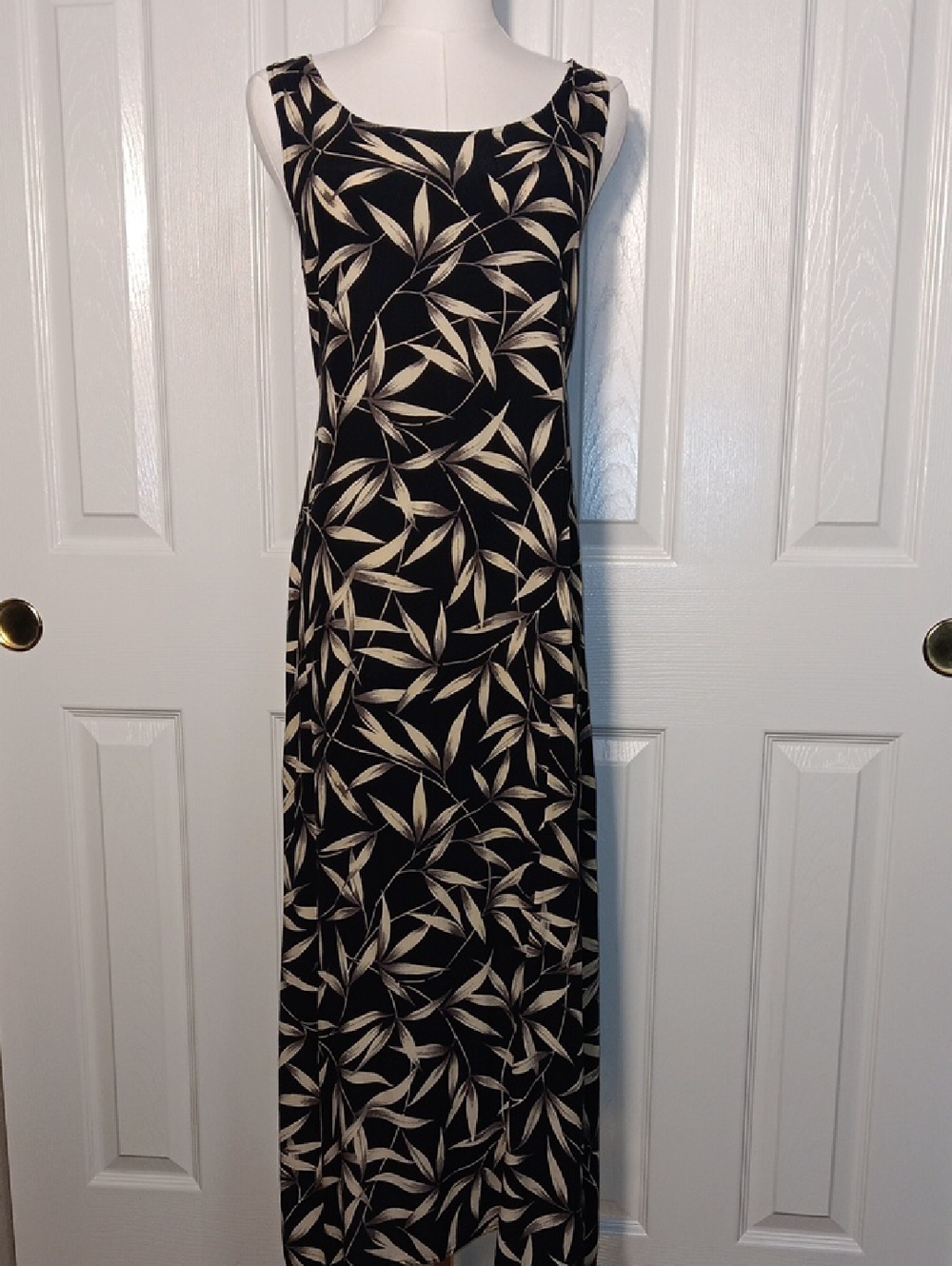 Sleeveless Black Maxi Dress with Cream Leaf Print